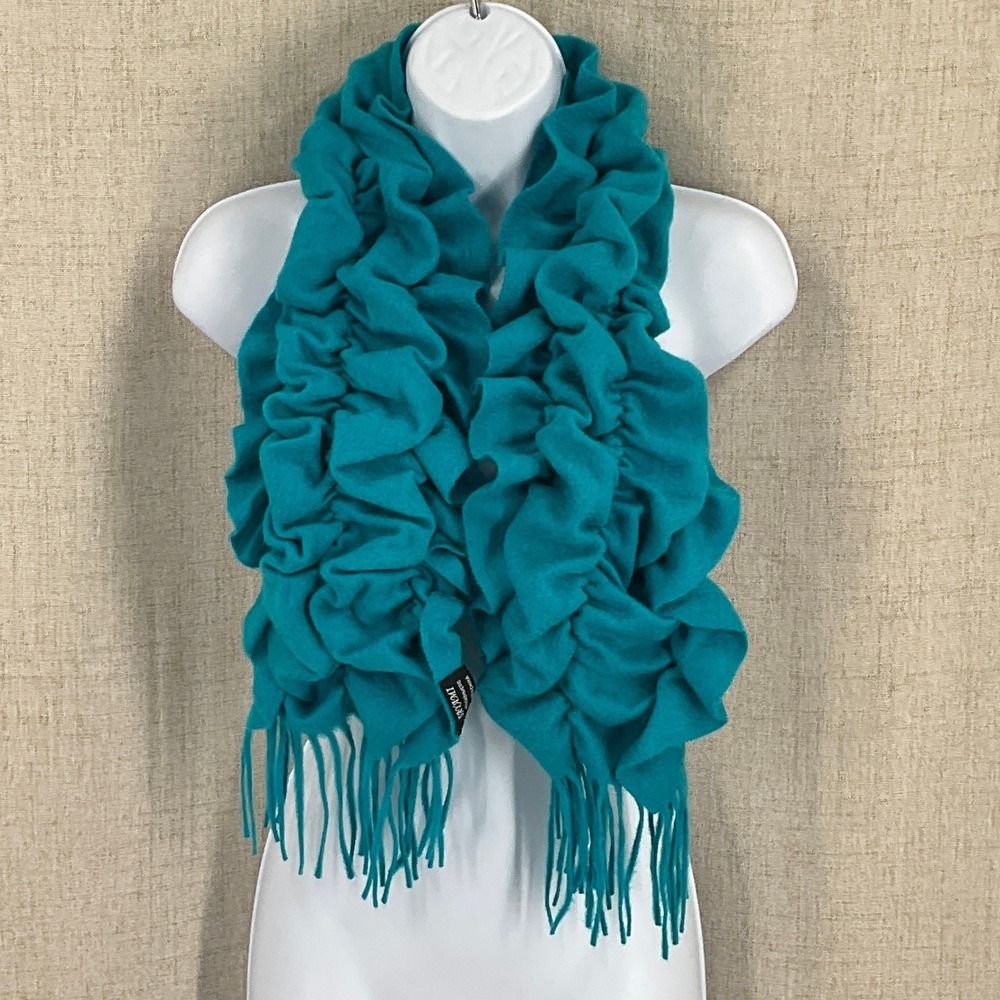 Sayami Scarf Women OS‎ Teal Blue 100% Cashmere Ruched Ruffle Fringe Luxury Soft
